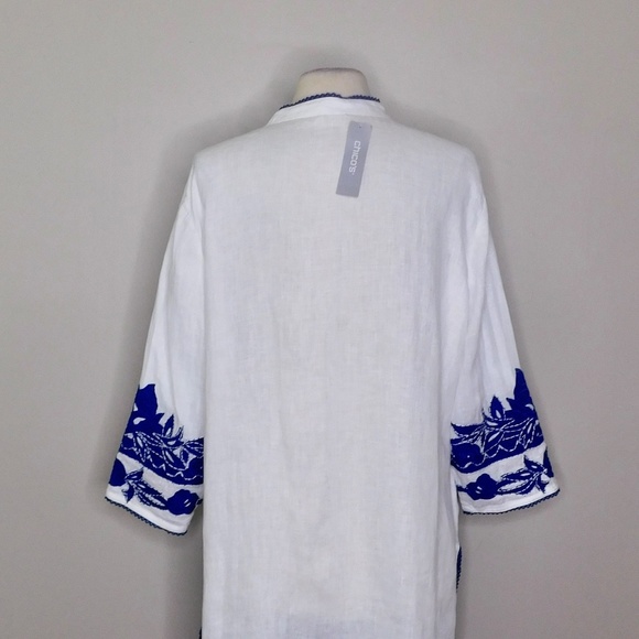 CHICO’S Appliqued Linen Tunic White & Blue Embroidered ~ Size 3 X-Large 16 - Picture 9 of 14